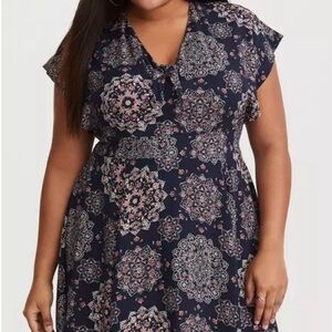 Torrid Blue and Pink Flutter Sleeve Dress with Tie Front